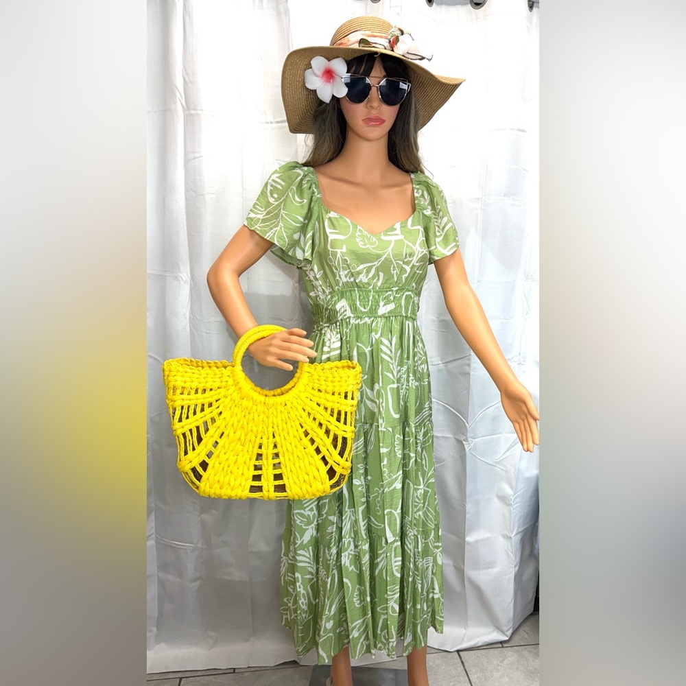 Blu Pepper Green Leaf Print Dress with Yellow Bag
